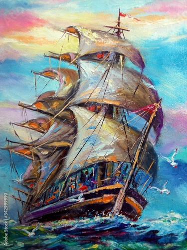 Fototapeta Naklejka Na Ścianę i Meble -  art  oil painting   sailboat , barque in sea from thailand ,   junk boat , Lucky trade 