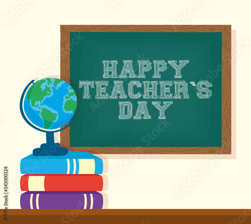 happy teachers day celebration with chalkboard and books