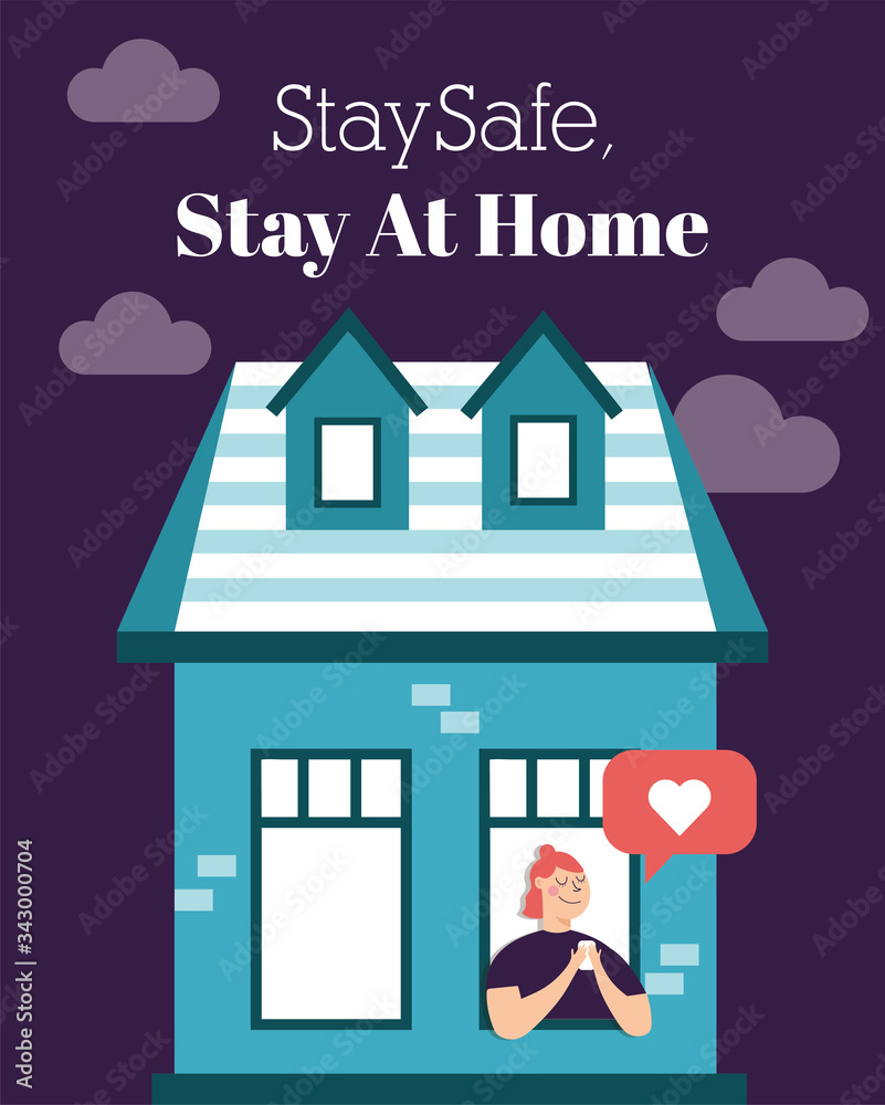 quarantined woman leaning out of the building windows and lettering
