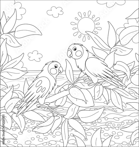 Amusing exotic parrots perched on a tree branch in a tropical jungle on a sea background on a sunny summer day, black and white vector cartoon illustration for a coloring book page