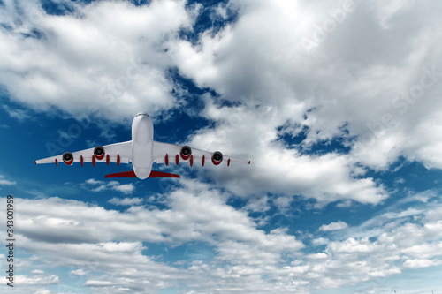 Passenger plane, airliner on a background of blue sky bottom view. The concept of air travel, travel. Copy space.