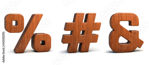 Fototapeta Naklejka Na Ścianę i Meble -  wood symbol %, #, &, 3d wooden font isolated on white background
