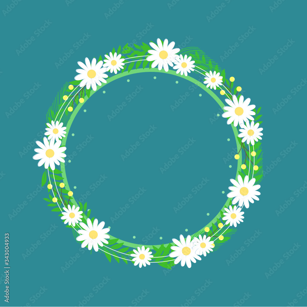 Green floral frame hand drawn with chamomile on blue background. Green floral frame hand drawn with chamomile on blue background.