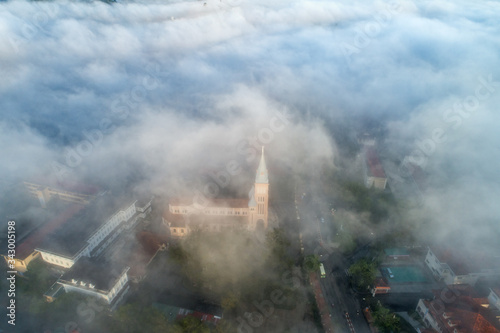 Aerial view of Chicken church in Da Lat city, Vietnam. Tourist city in developed Vietnam.