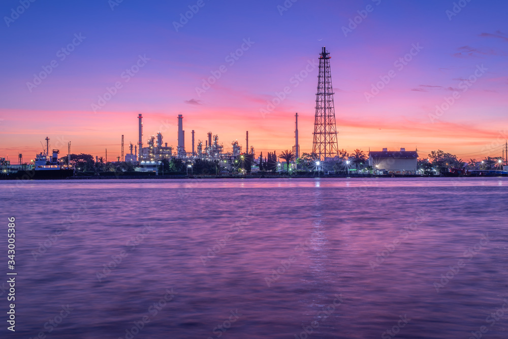 oil and gas refinery petrochemical factory at sunset, petroleum and chemical plant