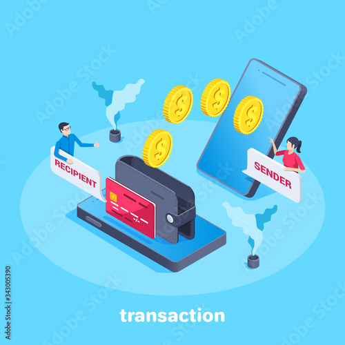  isometric vector image on a blue background, business concept, Gold coins are transferred from one smartphone to  a wallet on the screen of another