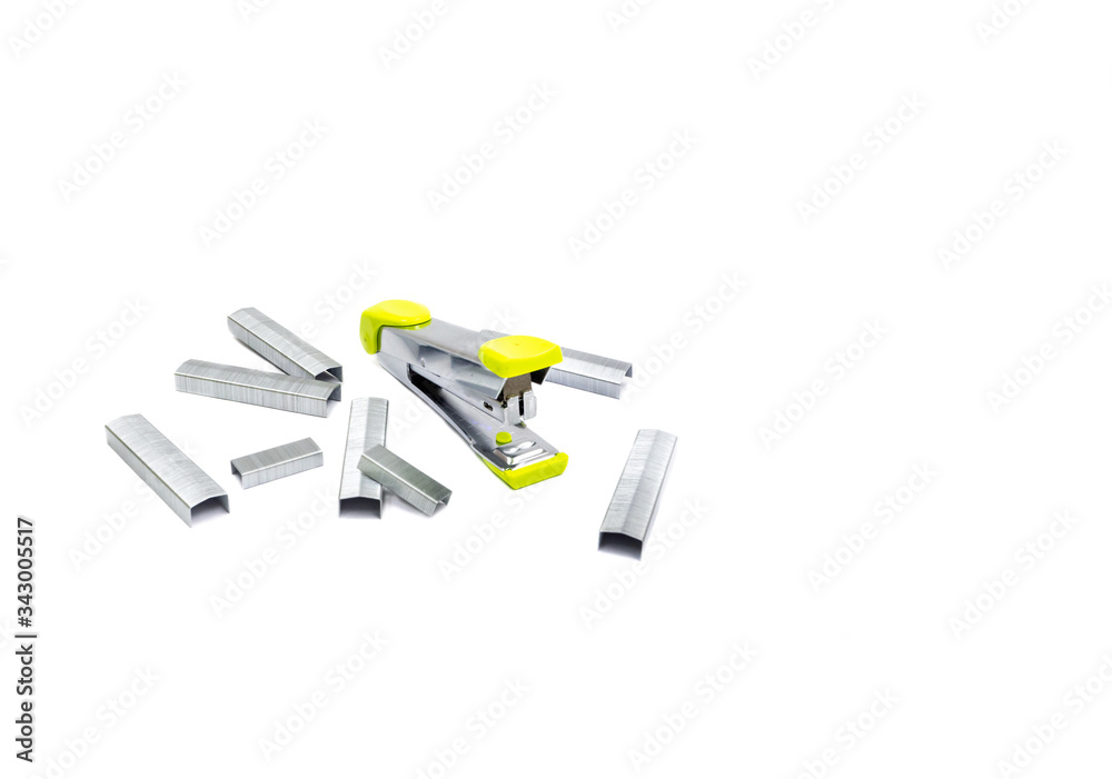 Stample and stapler of office stationery on white background