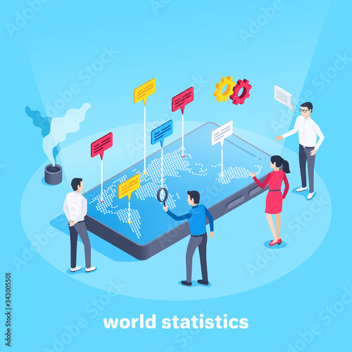 isometric vector image on a blue background, a man and a woman are standing near a large smartphone on the screen of which a world map and statistics are displayed