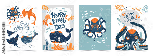 Blue collection of ocean background set with fish, hammerhead shark, stingray, whale, jellyfish, vector illustration for birthday invitation, postcard, logo, sticker and world ocean day