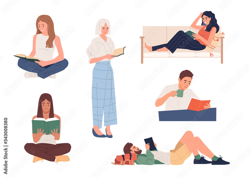 Collection of people reading or students studying. Set of book lovers, readers, modern literature fans isolated on white background. Flat cartoon vector illustration. Collection of people reading or students studying. Set of book lovers, readers, modern literature fans isolated on white background. Flat cartoon vector illustration.