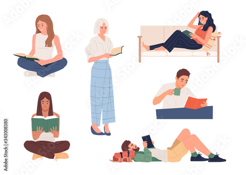 Collection of people reading or students studying. Set of book lovers, readers, modern literature fans isolated on white background. Flat cartoon vector illustration.