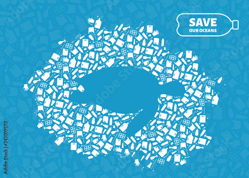 Plastic trash planet pollution concept vector illustration. Turtle marine reptile silhouette cut in plastic garbage flat icon patch. Prevent ocean pollution concept, marine animal life damage banner.