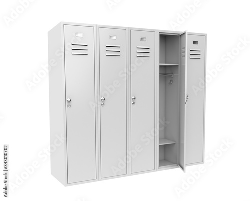 Row of white metal gym lockers with one open door. 3d rendering illustration