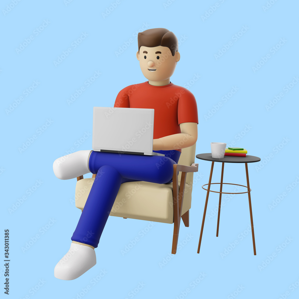 3D illustration render character cartoon work from home use laptop working and video call meeting team update project office stay at home in disease virus covid-19 scourge