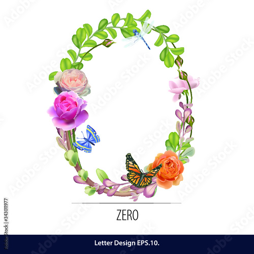 Vector of Floral Watercolor Number. Number zero Made of Flowers. Number Monogram.