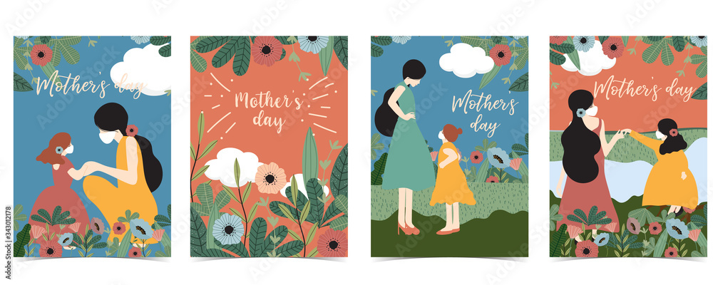 Mother's Day background with women,daughter,flower and leaf.Editable vector illustration for invitation,postcard and website banner