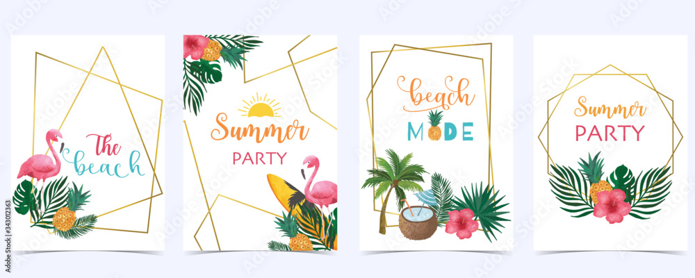Fototapeta premium Collection of summer background set with fruit,flamingo,coconut tree.Editable vector illustration for New year invitation,postcard and website banner