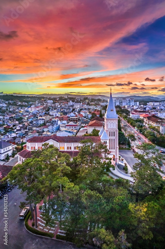Aerial view of Chicken church in Da Lat city, Vietnam. Tourist city in developed Vietnam.