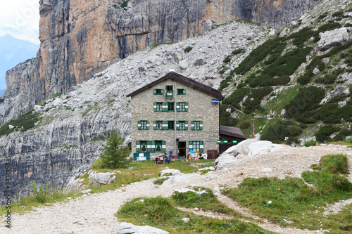 Alpine hut Rifugio Brentei in Brenta Dolomites mountains, Italy photo