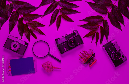 Retro style travel still life. Film camera, shells, green tropical leaves. Traveler accessories in pink neon light. Top view photo