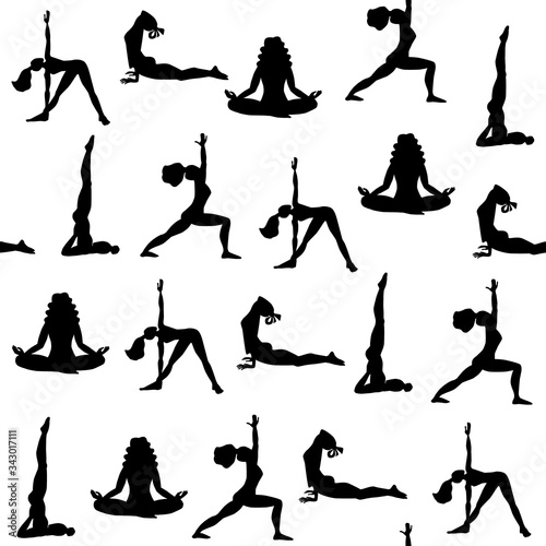 Seamless pattern of black silhouettes of girls practicing yoga. Women doing asanas for wrapping, scrapbooking paper, banner. Stock vector illustration isolated on white background.
