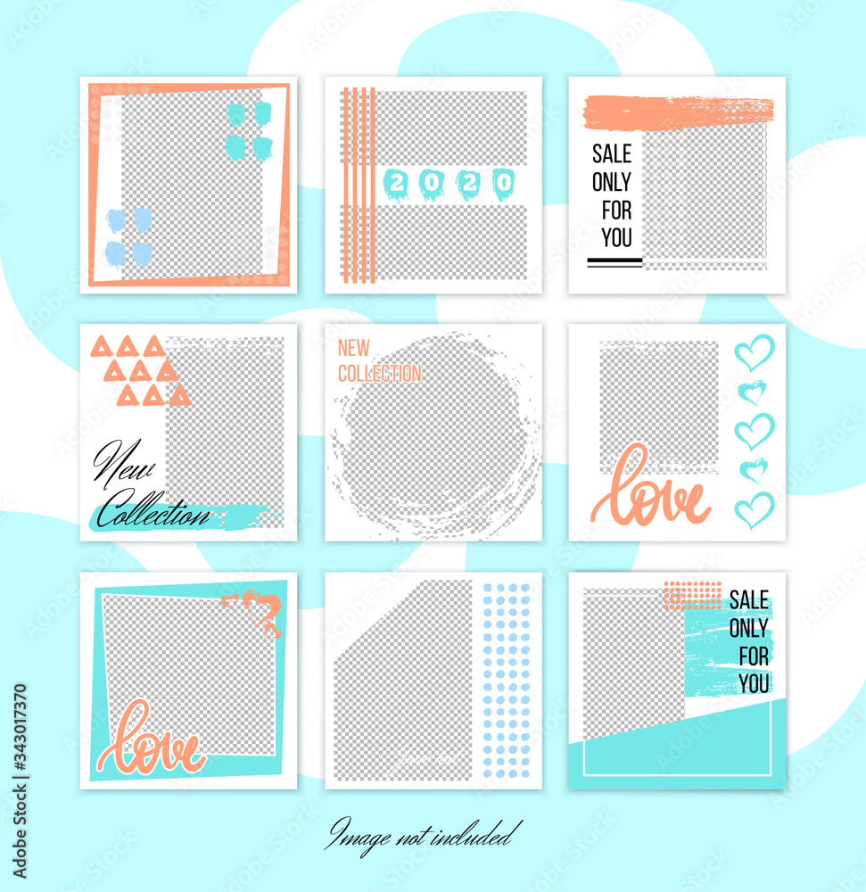 Naklejka premium Social media pack Posts for internet content, site for Bloggers, Fashion, ad, Lifestyle brands, Creative businesses blog. Set of square Presentation templates.