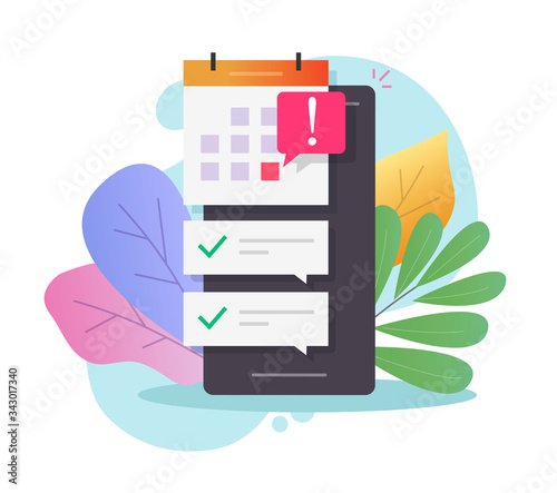 Mobile phone calendar with important deadline date and task list or smartphone with event appointment vector flat cartoon, illustrated online agenda scheduled on cellphone modern design colorful image