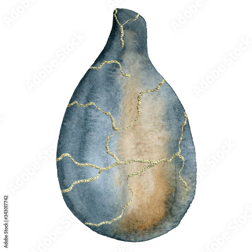 Japanese Art of Repairing Kintsugi.Wabi Sabi style. Japanese raku. Watercolor eastern simple blue-brown vase, pot with gold cracks. Design elements isolated on white , clip art.