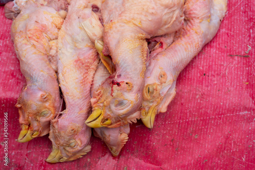 Chicken flesh put up on roadside display for sale. At Territy Bazar, Kolkata, West Bengal, India.