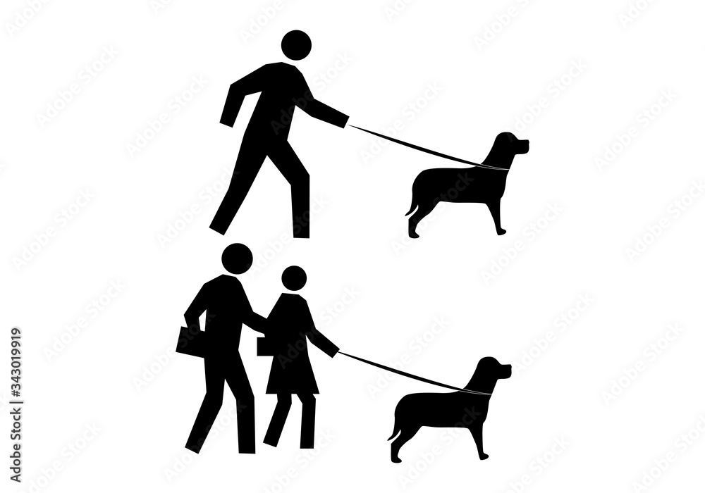 Icono negro de gente sacando a pasear al perro. Icono negro de gente sacando a pasear al perro.