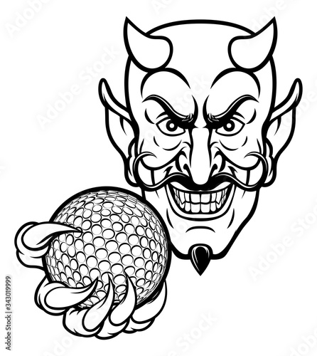 A devil cartoon character sports mascot holding a golf ball