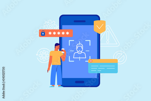 Vector illustration in flat simple style with characters - online security concept - personal data protection with biometric technologies