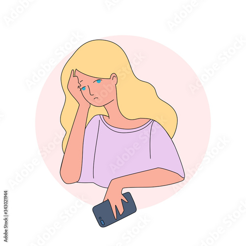 Upset girl with a phone. Illustration of a sad girl holding a mobile phone in a her hand. Vector 8 EPS.