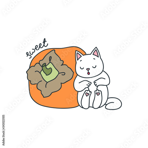 Sweet. Kawaii illustration of a white cat sleeping near a big persimmon. Vector 8 EPS.