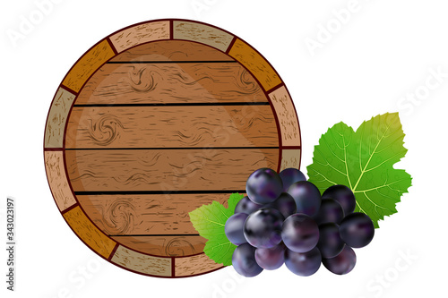Wooden barrel and grapes isolated on white background. Winemaking label, craft ads, pub menu template. Wooden cask for alcohol drinks emblems, package, label or icon. Winery storage element. Vector