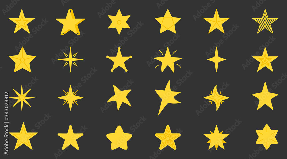 Set of yellow star icons. Collection flat simple graphic starry element for web site, pictogram, apps. Cartoon stars different shapes as award in game. Isolated on dark background vector illustration Set of yellow star icons. Collection flat simple graphic starry element for web site, pictogram, apps. Cartoon stars different shapes as award in game. Isolated on dark background vector illustration
