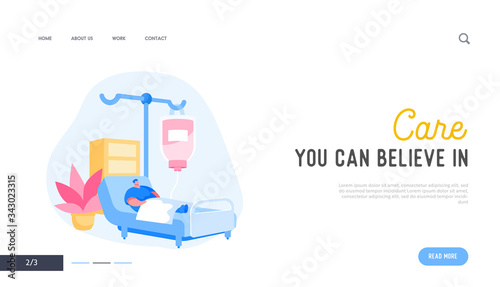 Healthcare Landing Page Template. Injured Patient Character Lying in Medical Bed with Dropper. Clinic Ward Hospital, Recovery after Disease or Intoxication, Fight for Life. Cartoon Vector Illustration