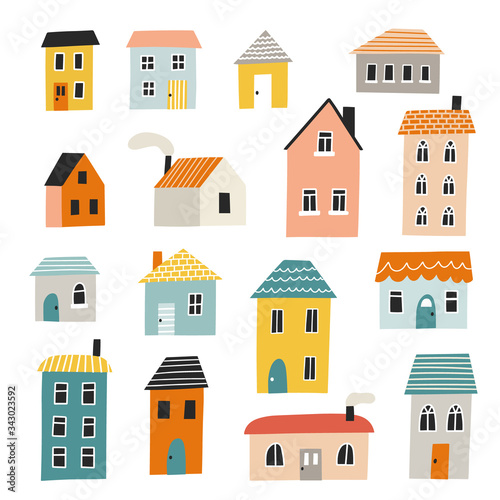 Set of different cute houses. Hand drawn flat vector illustration, isolated elements. Concept for textile patter, nursery design, map design