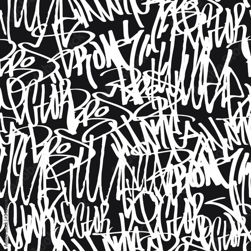 Vector tags seamless pattern. Fashion black and white graffiti hand drawing design texture in hip hop street art style for t-shirt skateboard textile