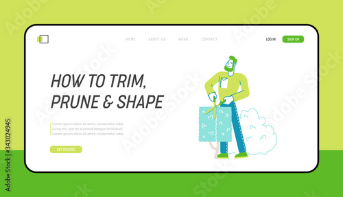 Worker Male Character Trimming Bush in Garden Landing Page Template. Man Cut Hedge in Orchard Doing Gardener Works Prune Shrub with Scissors. Farmer Yardwork Maintenance. Linear Vector Illustration