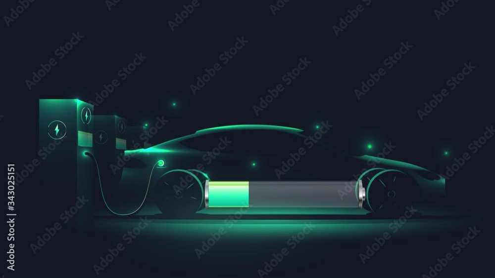 Electric car silhouette on dark background with charging battery process at charging station. Ev concept. Time lapse, looped animation
