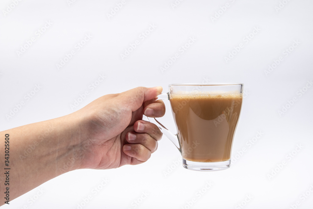 Fototapeta premium Man hand with A glass of Coffee on White Background.