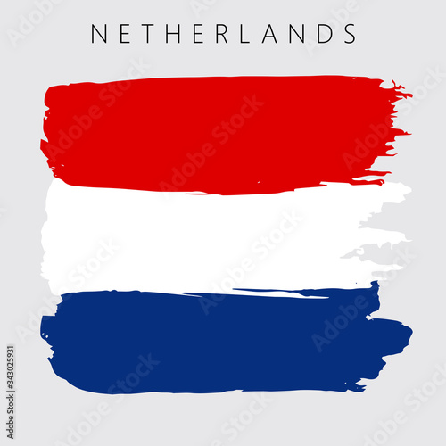 Flag of Netherlands. Vector illustration on gray background. National flag with three colors: blue, white and red. Beautiful brush strokes. Abstract concept. Elements for design. Painted texture.