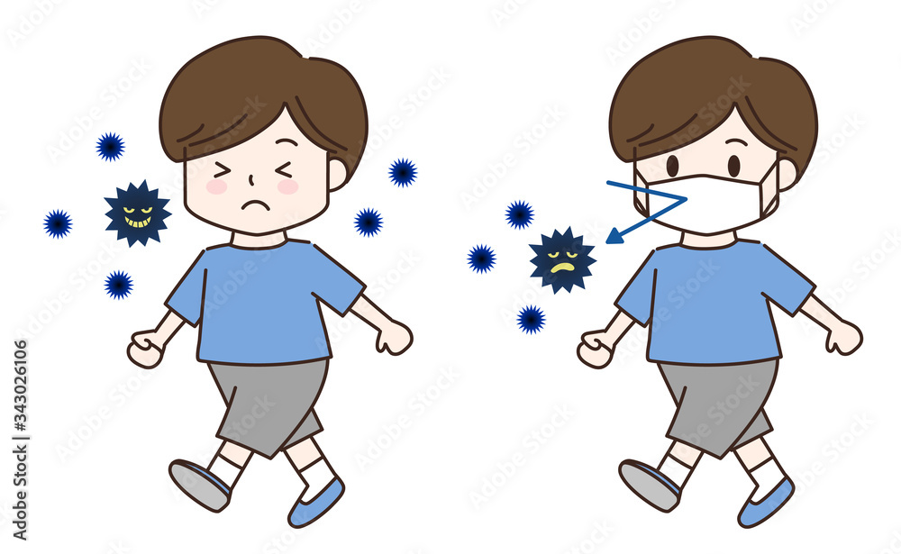 Walking boy wearing a medical face mask, protection against corona virus, infection. Vector illustration isolated on white background. Walking boy wearing a medical face mask, protection against corona virus, infection. Vector illustration isolated on white background.