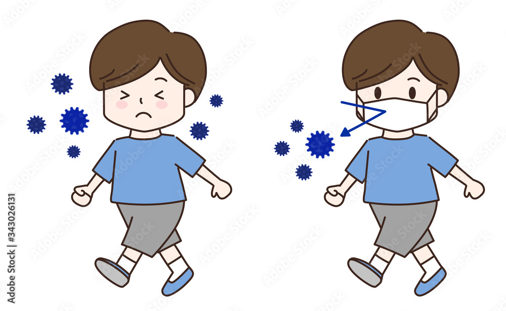 Walking boy wearing a medical face mask to prevent spreading covid-19. Vector illustration isolated on white background. Walking boy wearing a medical face mask to prevent spreading covid-19. Vector illustration isolated on white background.