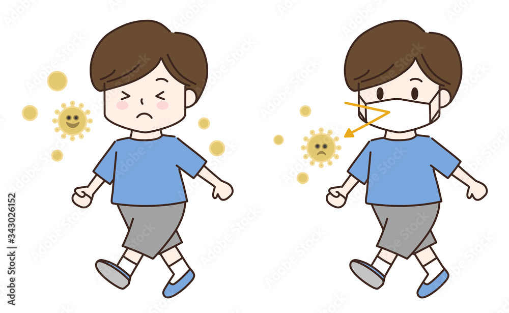 Walking boy wearing a medical face mask to prevent spreading corona virus. Vector illustration isolated on white background. Walking boy wearing a medical face mask to prevent spreading corona virus. Vector illustration isolated on white background.
