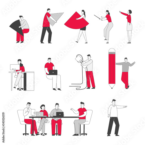 Set of Male and Female Businesspeople Set Up Huge Pie Chart Puzzle, Switch On Plug, Characters Working in Office on Laptops. Tiny People Holding Huge Pencil, Jigsaw Pieces. Linear Vector Illustration