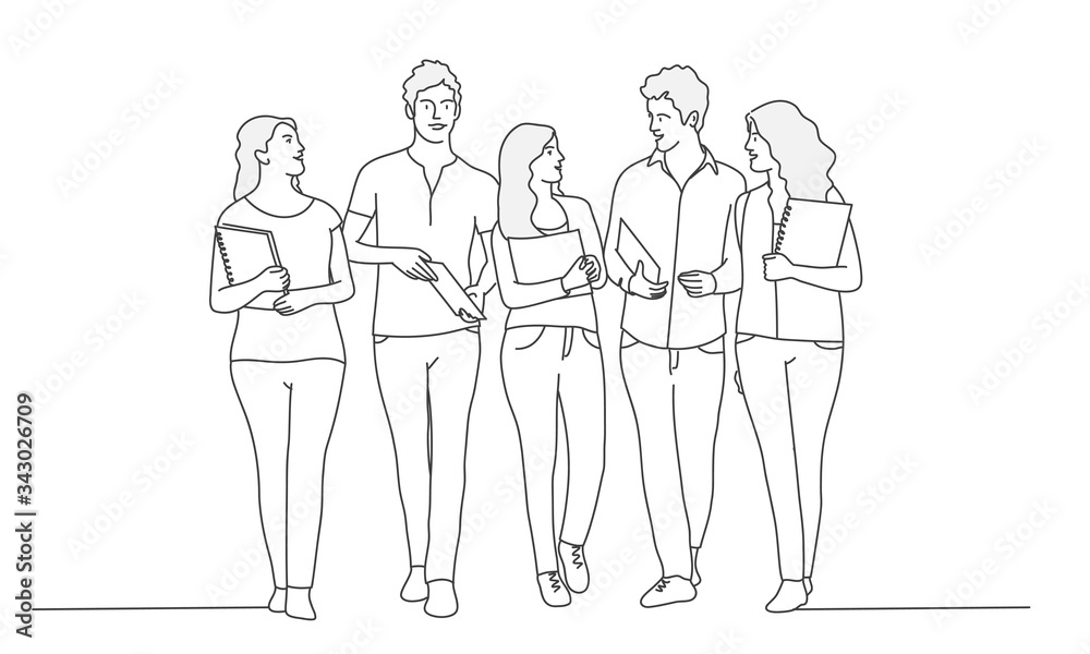 Students with books. Meeting.Contour drawing vector illustration. Line art. Students with books. Meeting.Contour drawing vector illustration. Line art.