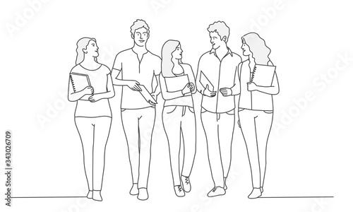 Students with books. Meeting.Contour drawing vector illustration. Line art. 
