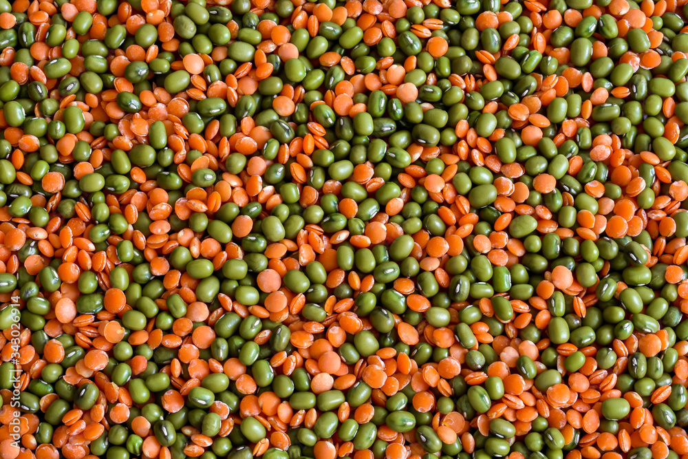 Fototapeta premium Red lentils and green mash. Natural food. Suitable for background. Vegan. Mix.